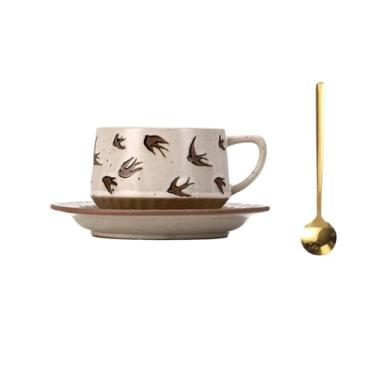 Imagem de Caneca de chá Conjunto de xícaras café/chá com padrão retrô cerâmica pires e colher 300ml Xícaras de café