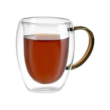 Imagem de Xícara em Vidro Borossilicato com Parede Dupla, 350ml, Alça Marrom, Design Moderno, 11,5 x 7,6 cm, Isolamento Térmico para Bebidas Quentes e Frias