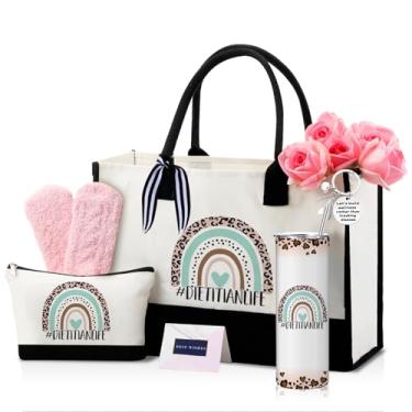 Imagem de Geiserailie 8 peças de presentes nutricionistas para mulheres, incluindo grande sacola de cosméticos, copo de copo, meias de pelúcia, chaveiro de metal, cartão e envelope para presente de