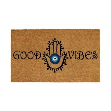 Imagem de IRONGATE Tapete de porta de boas-vindas - Tapete de coco de coco com olhos turcos Good Vibes - Capacho frontal discreto - Tapete antiderrapante durável para ambientes internos e externos - Capacho de