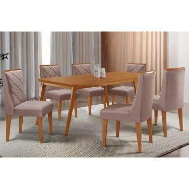 Imagem de Sala Jantar Mesa Havana Tampo Curvo 180cm+6 Cadeiras Pietá Madeira Naturale - Capuccino/Linho Capuccino - Rufato