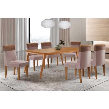 Imagem de Sala Jantar Mesa Havana Tampo Curvo 180cm+6 Cadeiras Jaspe Madeira Naturale - Capuccino/Linho Capuccino - Rufato
