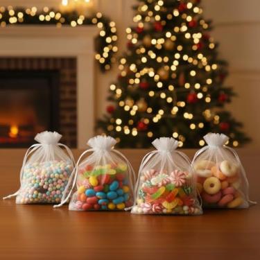Imagem de 50 peças de sacos de presente de organza com cordão transparente para lembrancinhas de casamento de doces, embalagem de joias, suprimentos de embrulho de presente 9 x 12 cm