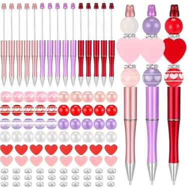 Imagem de holoith Conjunto de 15 canetas com contas de dia dos namorados, kits de canetas com contas de plástico em forma de coração, contas de madeira em forma de coração e espaçadores, ideais para presente