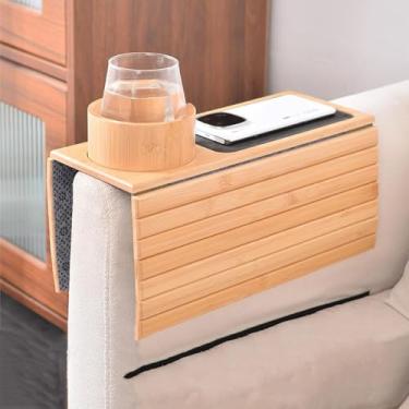 Imagem de Suporte de copo de sofá de bambu para bebida e lanche, bandeja de braço de sofá dobrável antiderrapante, bandeja de apoio de braço para sofá, para bebidas, celular, TV remota, lanches (C)