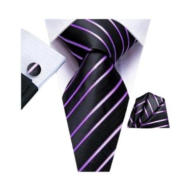 Imagem de Conjunto De Gravata Masculina Com Listras Florais Roxas, Com Lenço De 