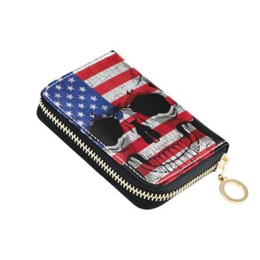 Imagem de Carteira feminina preta de caveira suja com bandeira americana com zíper em volta de porta-cartões com bloqueio de RFID, bolsa de moedas de couro com zíper