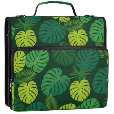 Imagem de Folhas tropicais verde verde 3 fichários anel D 1,5 polegadas D organizador de fichário bolsa de fichário ensino médio com alça portfólio e estojo suporte de pasta de anel, 34,5 x 31,5 x 9 cm