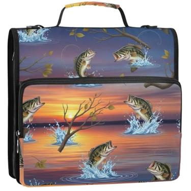 Imagem de Organizador de fichário com zíper desenho animado peixe pulando água impressão 3,8 cm 3 anéis d anel bonito bolsa de fichário escolar com alça portfólio e estojo suporte de pasta de anel, 34,5 x 31,5