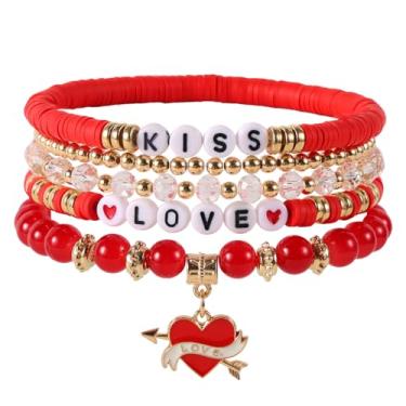 Imagem de 5un Conjunto de Pulseiras Contas para Dia dos Namorados, Pulseiras Empilháveis Miçangas Heishi Vermelhas e Douradas com Pingente Coração Vermelho para Ela Presente Dia dos Namorados
