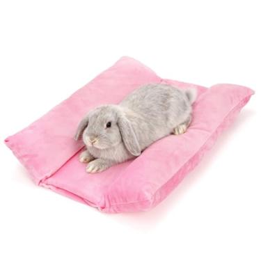 Imagem de Eorbow Cama macia de coelho de 40,6 cm x 30,5 cm, camas côncavas de coelhos grossos, tapete de pelúcia reversível com almofadas de espreguiçadeira de algodão, roupa de cama lavável de lã para