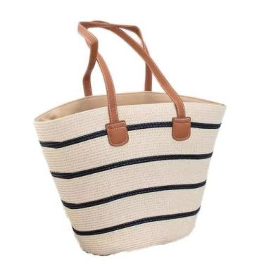 Imagem de Bolsa De Praia Palha Feminina Moda Cor Bege Correia De Ombro Marrom De