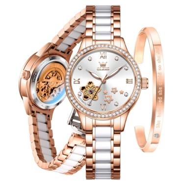 Imagem de OLEVS Relógios femininos automáticos de luxo com diamante para mulheres, pulseira de cerâmica, impermeável, conjunto de pulseira e relógio feminino, 7074: mostrador branco e ouro rosa