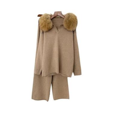 Imagem de Conjunto De Suéter De Tricô Feminino Primavera Outono Com Gola De Pele