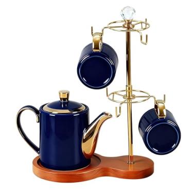 Imagem de Toyosport Suporte de árvore para caneca de café, porta-canecas de bancada com base de madeira, rack de secagem de xícara de café de metal com 6 ganchos, economia de espaço, dourado, 26 x 31,5 cm