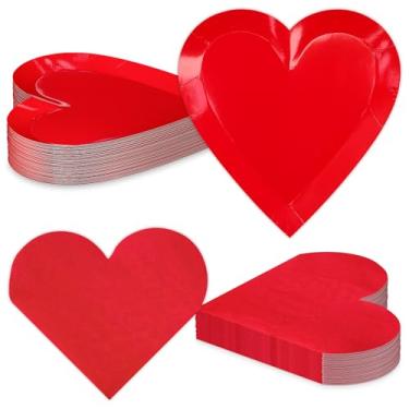 Imagem de Decorações de festa de Dia dos Namorados, pratos de papel descartáveis de 23 cm e guardanapos em forma de coração em forma de coração para casamento, noivado, dia dos namorados, chá de panela, dia das