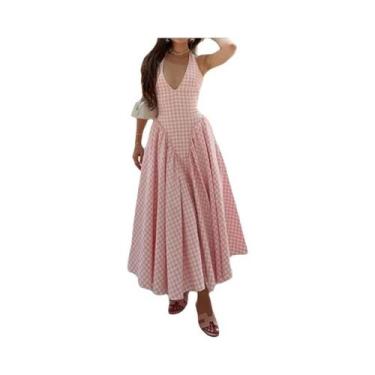 Imagem de Vestido Longo Feminino Com Decote V, Sem Mangas, Estilo Halter, Com Re