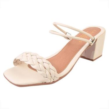 Imagem de  Sandalia Feminina Salto grosso Bico Quadrado Ajustavel Branco  - CALC