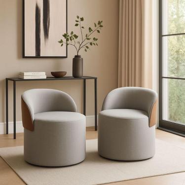 Imagem de Kit 2 Puff Orgânico Com Encosto Redondo Curvo Confortável Resistente Composé Linho Corino Linho Cinza