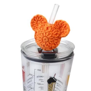 Imagem de Pacote com 2 tampas de palha de orelhas de rato de crochê para garrafas de água Stanley tampas de ponta de canudo