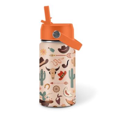 Imagem de Garrafa de água Western Cowboy para filho e filha, copo isolado de aço inoxidável para casa com tampa de canudo e alça, garrafa reutilizável à prova de vazamento de 340 g para esportes