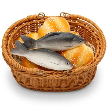 Imagem de Shappy 8 peças de decorações de peixe e pães milagrosos Jesus incluem 2 peixes falsos e 5 pães artificiais falsos com uma cesta de domingo e atividades de aprendizagem religiosa (carpa oceânica)