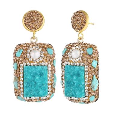 Imagem de HZMAN Brinco feminino turquesa retrô antigo grosso zircônia cúbica boêmio quadrado turquesa pedra brinco joia presente