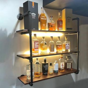 Imagem de pcagfaajmh Prateleiras de parede de pendurar rústicas industriais de 3 camadas prateleira de armazenamento flutuante de madeira para bar, café, cozinha, quarto, sala de estar, suporte de parede