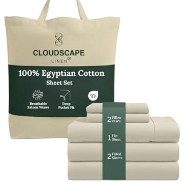 Imagem de Jogo de cama King dividido em algodão egípcio de camada dupla Cloud Scape Linen para cama ajustável – tecido acetinado de fibra longa, conjunto de cama macio de qualidade hoteleira, bolsos profundos