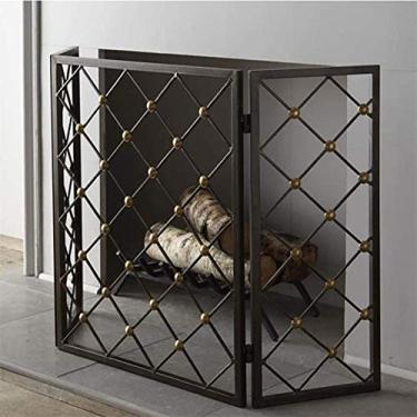 Imagem de CGKs6anmU Tela de lareira de 3 painéis com barra dupla - Proteção contra faíscas de malha dobrável para bebês, moldura sólida de ferro forjado, preta, ampla 132 cm