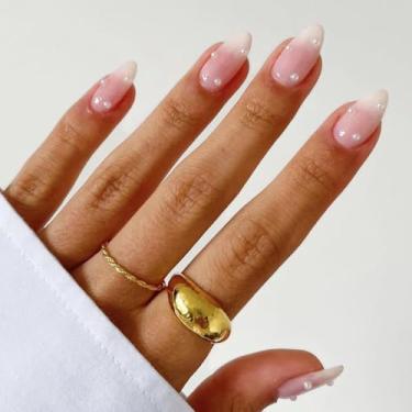 Imagem de Kit de unhas de pressão amêndoa curta, unhas postiças rosa gradiente branco com design de pérolas cola em gel para mulheres cobertura completa acrílico artificial bastão falso em unha para casamento