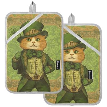 Imagem de Conjunto de 2 suportes de panela grandes de bolso para cozinha, duende de gato do dia de São Patrício, resistente ao calor, forro acolchoado, bancadas, almofadas quentes, luvas de forno para assar e