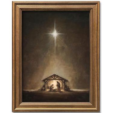 Imagem de Wemandh Arte de parede vintage de presépio emoldurado em ouro - Impressão de pintura a óleo do nascimento de Jesus Noite Santa Estrela de Belém, decoração de parede rústica, imagem cristã religiosa