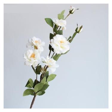 Imagem de KEG801302 Flores falsas simuladas ramo de rosas para casa, casamento, banquete, aniversário, dia dos namorados, decoração de flores artificiais, vaso de seda, arranjo de flores (branco)