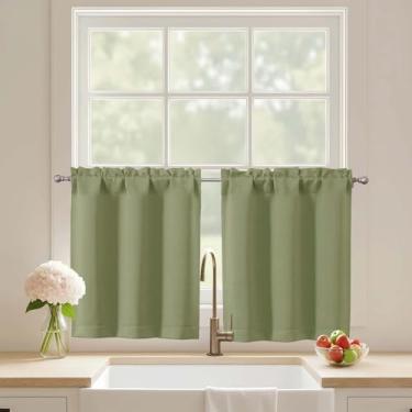 Imagem de Ebesto Cortinas curtas verde-sálvia 61 cm de comprimento, 2 painéis, cortinas de janela de cozinha com isolamento térmico sobre a pia, cortinas de café com bolso de haste de meia janela para armário