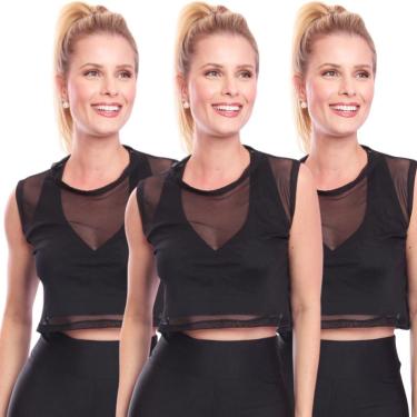 Imagem de Kit 3 Cropped De Tule Transparente Sem Manga Regata Feminina-Feminino