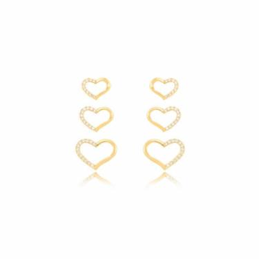 Imagem de Brinco Trio Coração Micro Zircônia Banhado Em Ouro 18K
