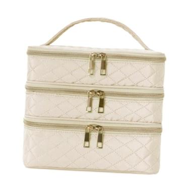 Imagem de harayaa Nécessaire de viagem feminina para maquiagem, estojo organizador de cosméticos com três camadas, ideal para escritório, academia e casa, Cáqui