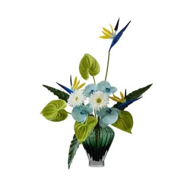 Imagem de CFGH6FDF Mesa de centro de mesa para festa, decoração macia, buquê de flores artificiais, conjunto de simulação com vaso de vidro e jardim