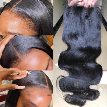 Imagem de Topnormantic Fecho de renda HD real 12 x 12, renda HD suíça invisível fina de 0,11 mm, pré-arrancada com cabelo de bebê, cabelo humano virgem não processado grau 12A, cor preta natural ondulada, 30 cm