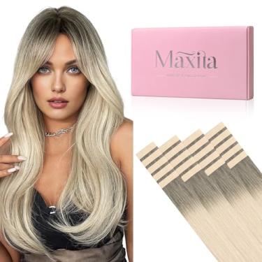 Imagem de MAXITA Extensões de cabelo humano com fita adesiva para cabelo humano castanho claro a loiro acinzentado 50 cm, liso, sem costura, pele invisível, trama, espessa, macia, sedosa, cabelo humano