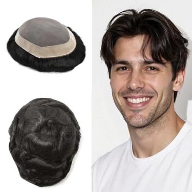 Imagem de Peruca masculina de cabelo humano real monofilamento peruca para homens unidades de apliques de cabelo sistema de substituição de cabelo cinza marrom loiro estoque dos EUA (6X9, #1B OFF BLACK -120%