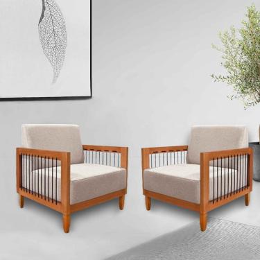 Imagem de Kit 2 Poltronas Sala de Estar Pés Madeira Maciça Corda Náutica Preta 75cm Manila Linho Areia Rústico G63 - Gran Belo