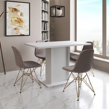 Imagem de Mesa Jantar Londres Tampo Branco 120Cm 4 Cadeiras Base Dourado Estofado Nude Médio