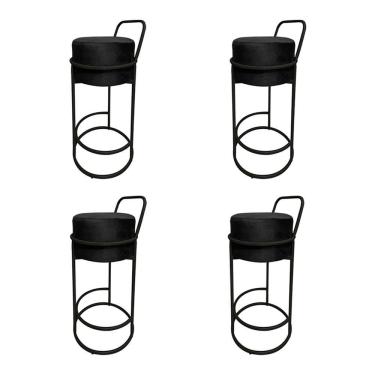 Imagem de Kit 4 Banquetas Alta Redonda Base Preta Veludo - Preto