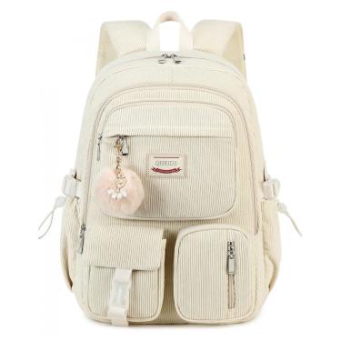 Imagem de Mochila escolar de veludo cotelê QHRIDS bege para notebook 15,6", múltiplos bolsos, alça para mala