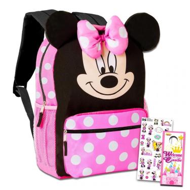 Imagem de Mochila Minnie Mouse Oficial Disney 36cm para Crianças com Orelhas 3D e Laço Almofadado