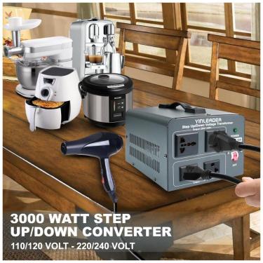 Imagem de Transformador (Conversor) de Voltagem Yinleader 3000W Elevação/Redução 110-120V para 220-240V/220-240V para 110-120V Cinza com 2 Saídas US