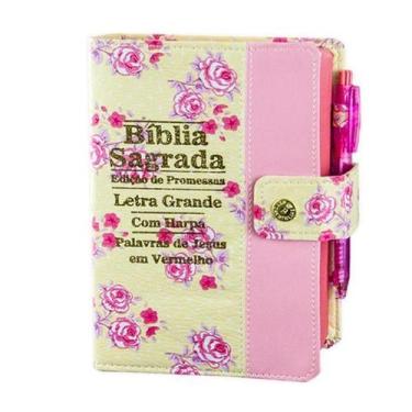 Imagem de Biblia Letra Grande C/harpa E Botão - Floral E Rosa - REI DAS BIBLIAS