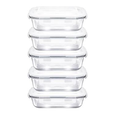 Imagem de Kit 5 Pote Hermético Vidro 1040ml Retangular Marmita Almoço - Gift Uti